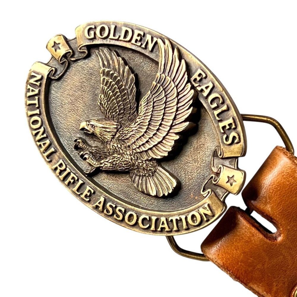 Golden Eagles NRA Belt Buckle 36 inch Leather Belt Embossed Tiger Stars USA - Picture 2 of 15